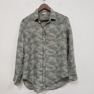 Lorenzini Womens Camo Linen Button Up Top Size L Green Long Sleeve Lightweight‎